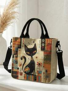 2pcs Cat Print Canvas Tote Bag, Snap Closure, Detachable Crossbody Shoulder Strap, Large Capacity Multi-Purpose Shoulder Bag, Suitable For Daily, Travel And School Use - Multicolor - View 8