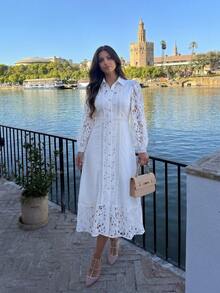 Simplee Women's Spring/Summer New Elegant Solid Color Hollow Lace Patchwork Button Decor Long Dress, Please Refer To Size Information For Purchase White - White - View 6