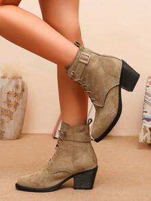Women's Lace-Up Western Style Ankle Boots, Buckle Strap Chunky Heel Pointed Toe Boots - Khaki - View 8