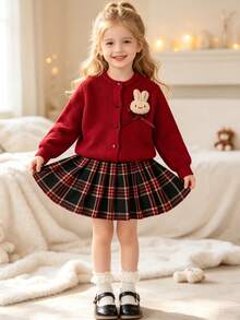 2pcs/Set Baby Girls Sweet Academic Style Elegant Lady Gentle Casual Outdoor Simple Comfortable Solid Color Knit Top With 3D Cartoon Rabbit Bow Decor, Long Sleeve Crew Neck Sweater And Plaid Pleated Mini Skirt, Suitable For Spring, Autumn, Winter - Burgundy - View 4