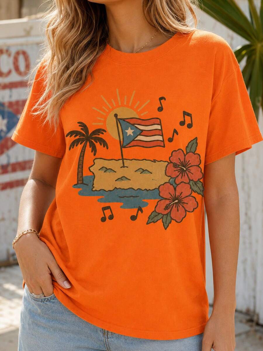 Women's Tropical Beach Graphic Cotton T-Shirt, Short Sleeve Round Neck Casual Top For Summer Style - 珊瑚橙 - 查看 1
