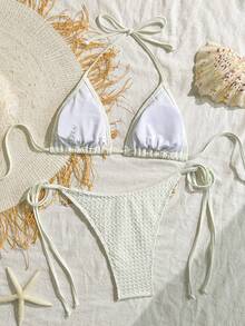 Bikinx Solid Color Patchwork Webbing Triangle Cup Tie Women's Swimwear Set Vacation Beach - Beige - View 2