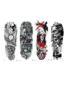 1 Pc Full Arm Temporary Tattoo Sleeve, Black & Grey Gothic Skull Warrior Ship Design, Steampunk Mechanical Style Fake Tattoo Sticker, Realistic Body Art, Waterproof Long Lasting Tattoo Transfer For Men - Black - View 9