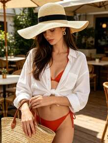 1pc Women's Wide Brim Straw Sun Hat, Black Ribbon Decor, Extra Wide Edge Design UV Protection Foldable Beach Hat, Suitable For Summer Travel - Multicolor - View 4