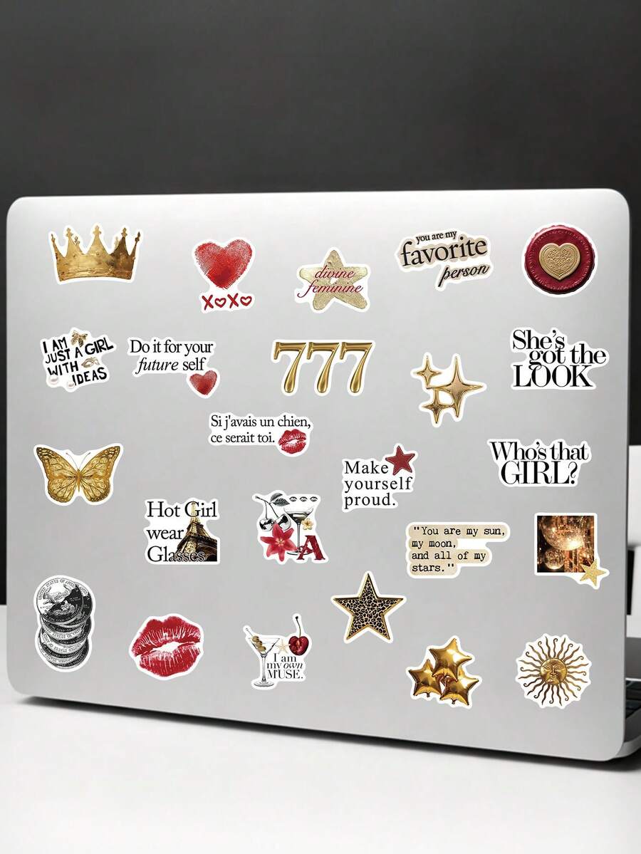 50pcs Gold & Red Cartoon Doodle Stickers, Suitable For Planner, Phone Case, Laptop, Computer, Luggage, Refrigerator Decoration - Gold & Red - View 1