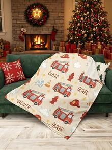 Personalized Fire Truck Pattern Fleece Blanket, Custom Name Print, Soft Warm Throw Blanket, Custom Decor - Multicolor - View 3