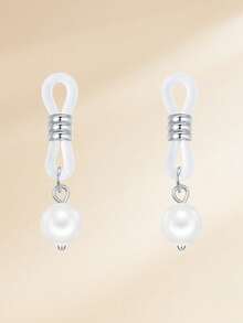 1 Pair Women's Faux Piercing Hoop Earrings, Pearl Dangle Heart-Shaped Chain Body Jewelry - Silver - View 3