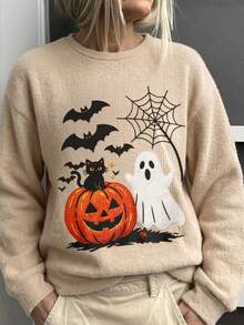 Fall Halloween Pumpkin Ghost Black Cat Graphic Sweatshirt, Crew Neck Loose Long Sleeve Casual Spider Web Bat Pattern Pullover Top - Multicolor - View 5