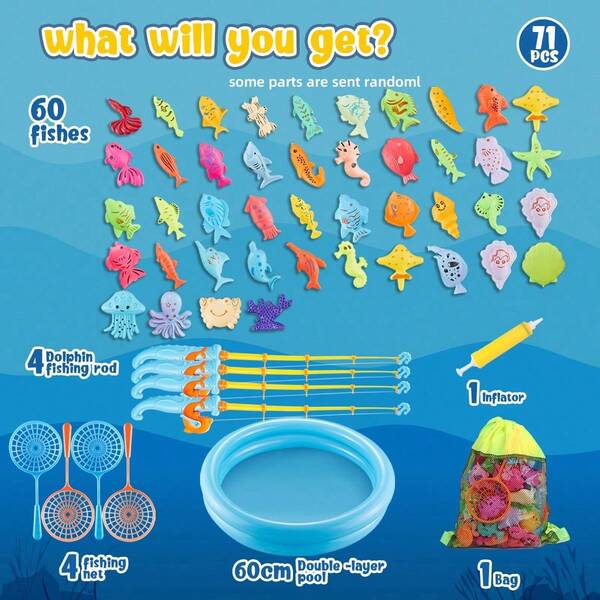 19/36/47/71 piezas Juguetes de baño para niños Juguetes de pesca flotantes Juego de pesca inflable para piscina y baño, juguetes educativos de aprendizaje, regalo de cumpleaños para niños y niñas (estilo y color aleatorios)