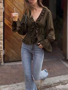 2026 New Autumn Elegant Women's Solid Color Ruffle V-Neck Tie Design Ruched Waist Flare Sleeve Lightweight Casual Blouse For Daily Wear, Outings, Parties And Vacation - Olive Green - View 6