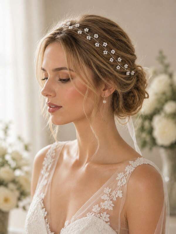 KOVLYNE 1pc Elegant Pearl Flower Bridal Hair Accessory With Satin Ribbon Tie, Suitable For Brides, Bridesmaids, Graduation Prom And Party Wear