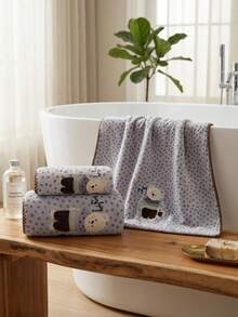 1pc/2pcs Approx. 14*29in/28*55in Pink Leopard Print Towel, Cute Embroidered Rabbit Pattern Coral Fleece Bath Towel + Face Towel, Super Soft High Absorbency Quick Dry Thick Non-Shedding Towel, Suitable For Bathroom, Home, Travel, Back To School - Light Grey - View 5