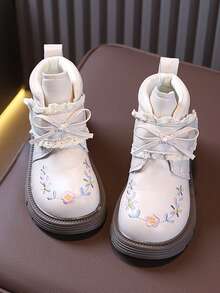 1 Pair Girls' Boots 2026 New Style Embroidered Bow Princess Boots British Style Hook And Loop Closure Leather Boots - Beige - View 2