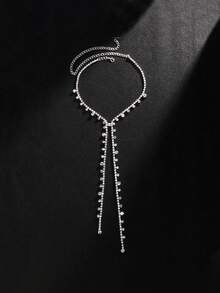 STONEFANS 1pc Women's Silver Rhinestone Y-Shaped Dangle Necklace, Double Tassel Long Crystal Fringe Chest Chain, Elegant Sparkling Personalized Neck Decor, Suitable For Wedding, Ball, Party - Silver - View 6
