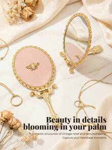 1pc Alloy Gold-Plated Handheld Makeup Mirror With Handle, Can Be Placed On Desk, Travel Portable Handheld Makeup Mirror, Exquisite Packaging, Gift For Girls And Female Friends, Mirror Surface With Protective Film - Gold - View 1
