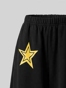 Lurzo Autumn/Winter Y2K Girls Retro Wide Leg Straight Pants, Asymmetrical Star Print, Elastic Waistband, Soft Fabric, Suitable For Campus, Outdoor And Street - Black - View 6