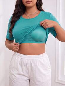 1pc Women's Plus Size Built-In Bra One-Piece T-Shirt With Fixed Chest Pads Short Sleeve Top Summer - Cadet Blue - View 2