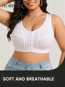Morelect Plus Size Women's Wire-Free Front Closure Bra, Thin Cup, Adjustable Straps, Push-Up, Side-Smoothing, Lifting & Shaping - White - View 4
