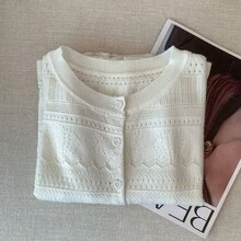 Korean Style Office Casual Hollow Knit Cardigan Women's Autumn/Winter Outfit Versatile Top - White - View 5