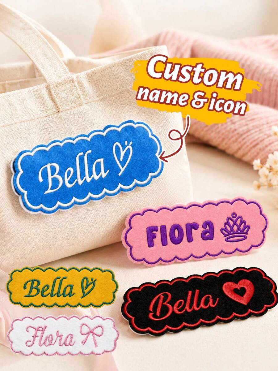 Custom Lace Embroidery Name Hook And Loop, Cute Personalized Badge For Jackets, Bags And Hats, Customized Text & Icon Name Label, Customizable Fashion Accessory Gift For Friends, Birthday, Halloween, Thanksgiving And Christmas - Style B - View 1