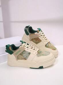 Women's Retro Artistic Oil Painting Random Print Patchwork Sneakers, Height-Increasing Thick Sole, Contrast Color Design Lace-Up Casual Sports Shoes - Green - View 3