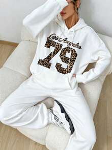 2Women's Loose-Fit Drop-Shoulder Hoodie Set,Gray Leopard Print,Autumn,Street Style,Suitable For School,Back-To-School Pullover Autumn Sweatshirt - 風格 - 查看 9