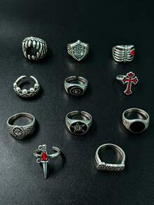 11pcs Gothic Men's Ring Set Punk Hip Hop Multi-Piece Finger Rings Party Vacation Daily Wear Fashion Jewelry Gift Unisex - Silver - View 6