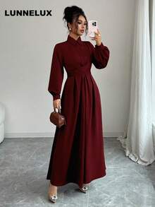LUNNELUX 女款秋季服飾，優雅 A 字裙配鈕扣設計，長款優雅洋裝，適合辦公穿著、春季穿搭、休閒、婚禮、派對洋裝 - 酒紅色 - 查看 2