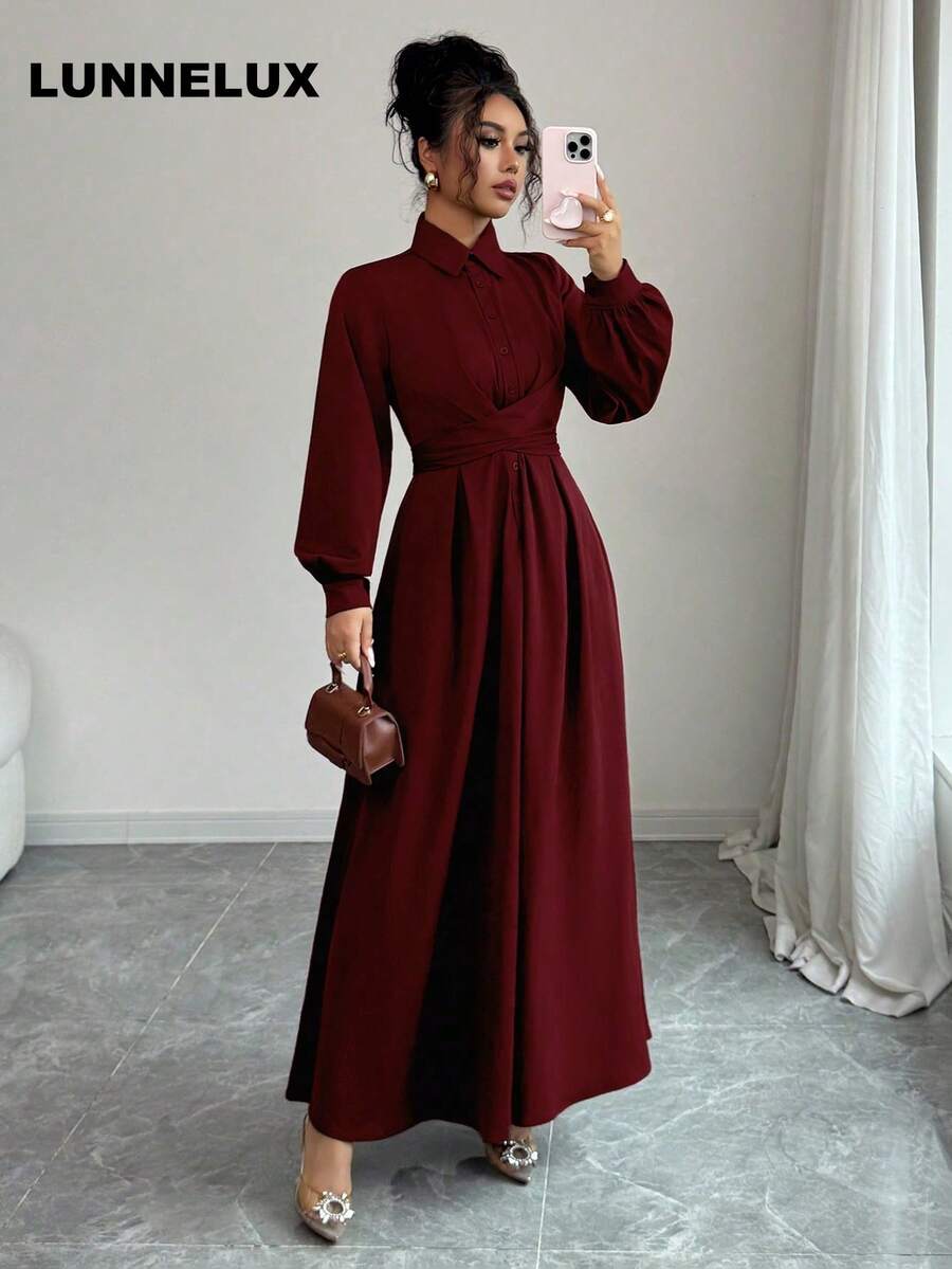 LUNNELUX 女款秋季服飾，優雅 A 字裙配鈕扣設計，長款優雅洋裝，適合辦公穿著、春季穿搭、休閒、婚禮、派對洋裝