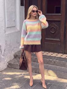 Women Fall Winter Vintage Striped Knit Sweater, Gradient Stripe Crew Neck Crop Pullover Daily Fall Outfit, Random Color Shipment - Multicolor - View 2