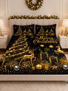 3PCS Winter Christmas Atmosphere Bedding Set, (1PC Fitted Sheet + 2pcs Pillowcases, Pillow Inserts Not Included,) Polyester Digital Print, Black & Gold Luxury Christmas Golden Reindeer & Christmas Tree Pattern, Cartoon Cozy Christmas Non-Slip Bedding Set, Machine Washable, Bedroom Holiday Home Textile - Multicolor - View 4