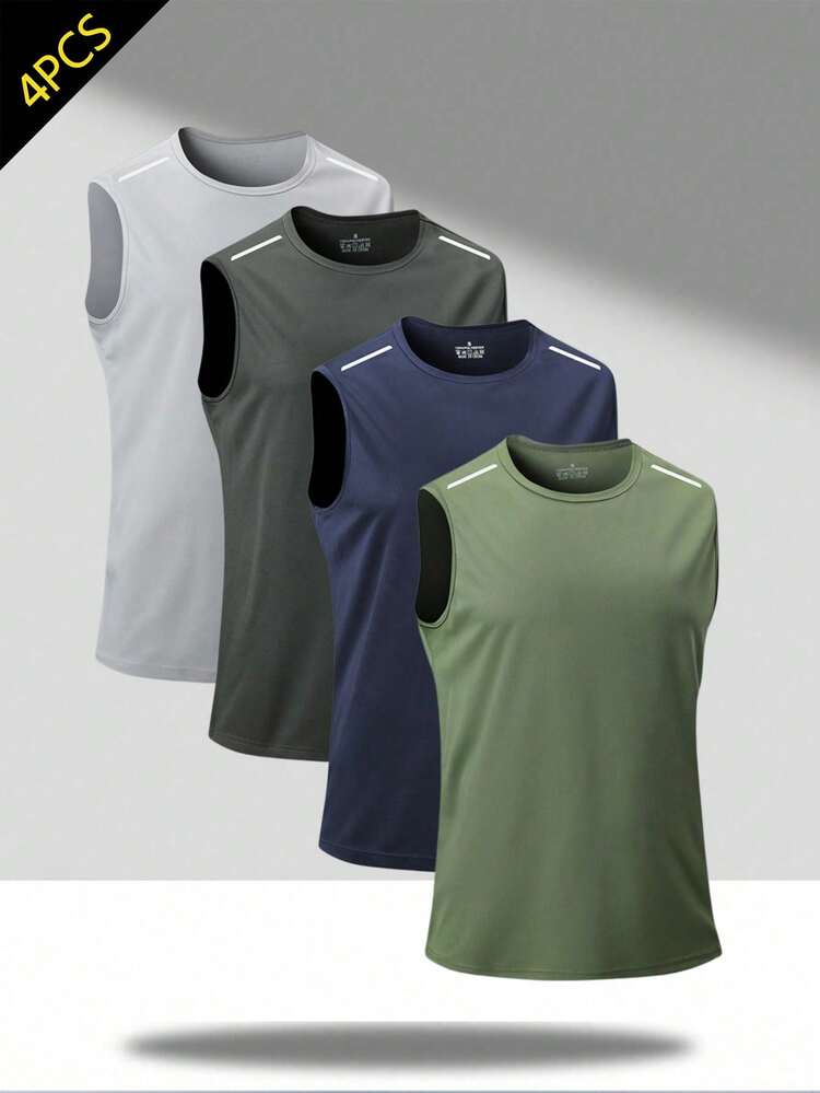 4pcs Men's Sports Sleeveless T-Shirts, Basketball Training Fitness Short Tops, Comfortable And Durable, Suitable For Daily Sports Wear - Multicolor - View 12