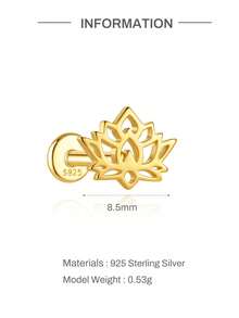 1pc 925 Sterling Silver Gold Plated Flat Back Cartilage Stud Hollow Lotus Flower Piercing Earring, Hypoallergenic Delicate Jewelry, Suitable For Daily Wear, Wedding, Gift - Gold - View 5