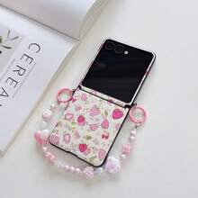 1PC, Gold Foil Outline Embroidered Ball Flower Leaf Print, White Background Pink Strawberry Floral Dual Pattern, Pink Purple Contrast Fresh Color Scheme, Side Dual Ring Buckle Design, Matching Same Color Cloud Star Heart Cartoon Beaded Hand Strap, Dual Color Plastic Connector Ring Accessory, Suitable For Samsung Galaxy Z Flip8, Galaxy Z Flip7, Galaxy Z Flip7FE, Galaxy Z Flip6, Galaxy Z Flip5 - Multicolor - View 23