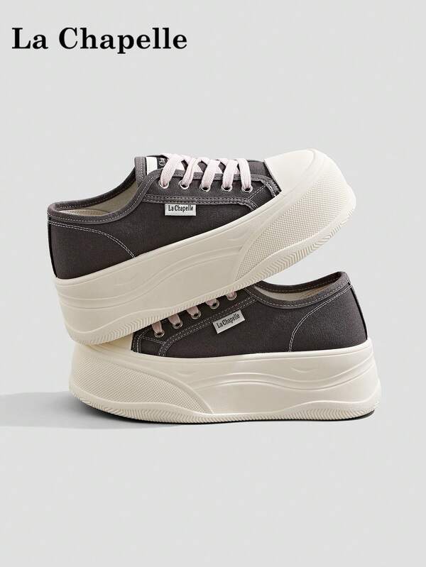 La Chapelle Women's Thick Sole Lace-Up Soft Bottom Casual Sneakers, Low-Top Flat Outdoor Shoes, Summer Commuter Shoes, Round Toe Low Heel Anti-Slip Solid Color Elegant Soft Sole Shoes For Outings, Hiking, Students, Graduation Photos, Women's Low-Top Sports Skateboard Shoes