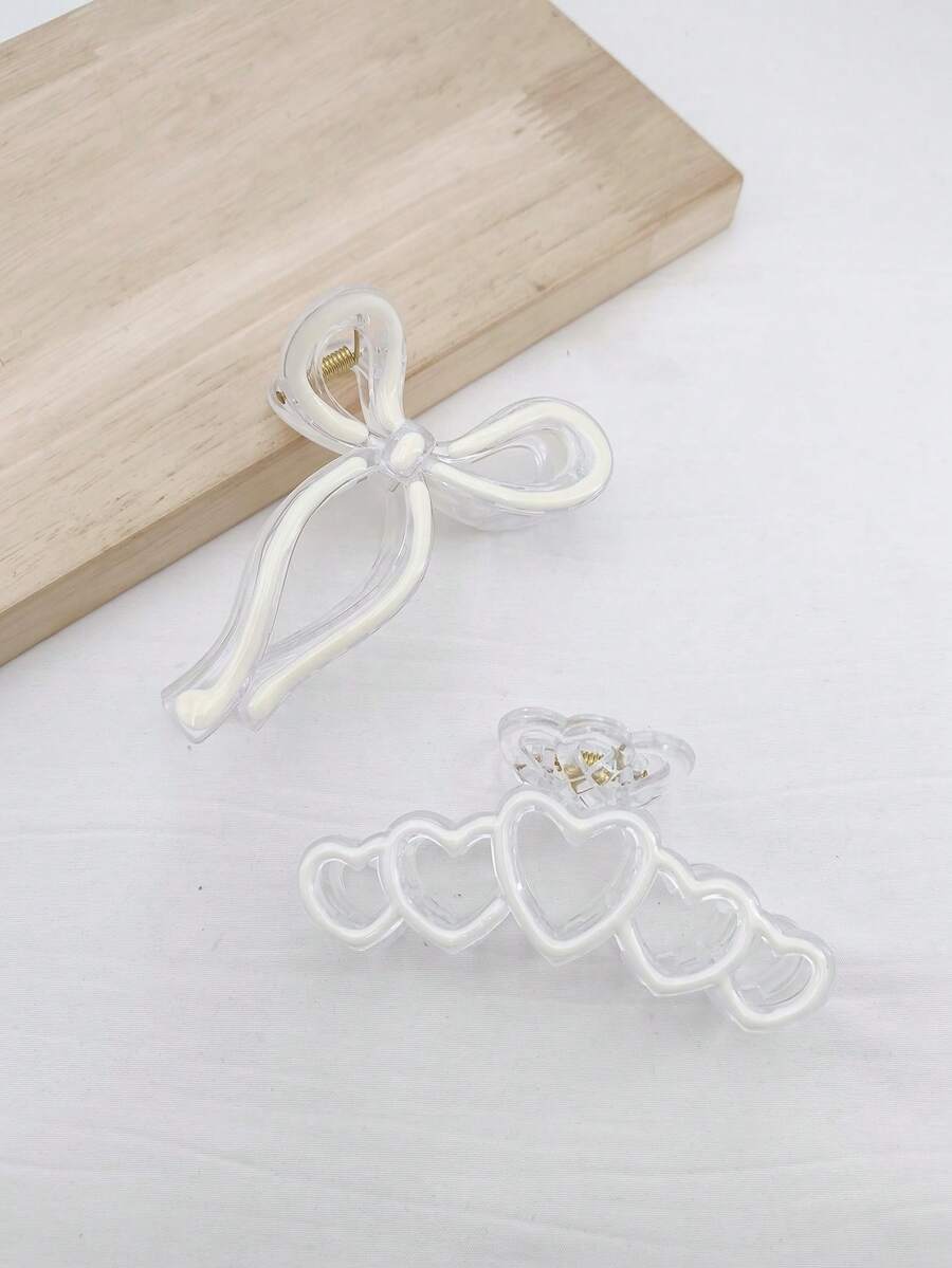 2pcs/Pack Solid Color Casual Oil-Drip Heart Ribbon ABS Plastic (ABS Resin) Hair Claw Clips For Daily Wear - Multicolor - View 1