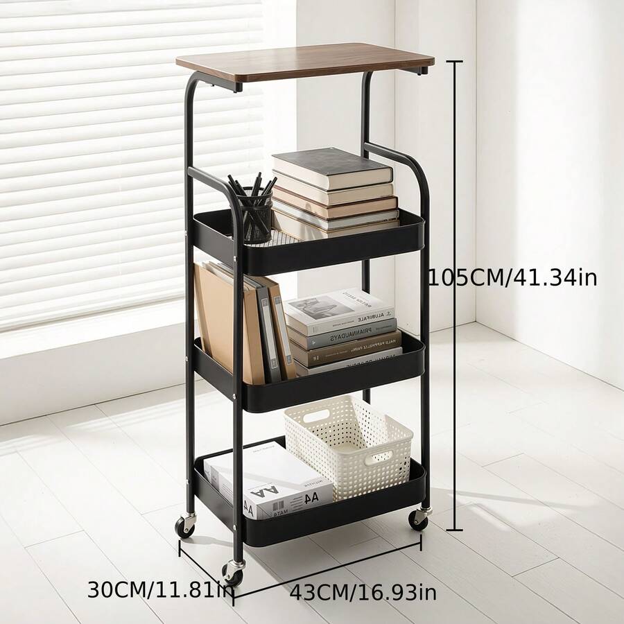 Senmeo Multi-Functional Metal Rolling Cart, Durable 3-Tier Shelf With Casters, Holds Snacks/Files/Books, Easy To Relocate - Perfect For Kitchen/Desk, Seasonal Storage Upgrade - Four Layers - Black - View 1