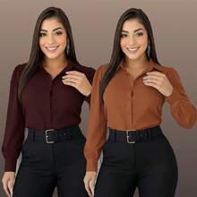 Set Of 2 Women's Fashionable Dress Shirts, One Of Each Color - KIT 2 SOCIAL WINE aND CARAMEL ONE COLOR - View 1