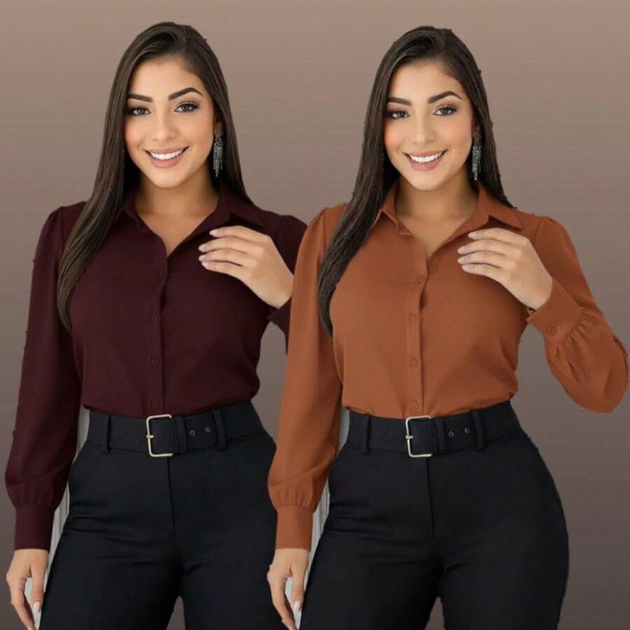 Set Of 2 Women's Fashionable Dress Shirts, One Of Each Color - KIT 2 SOCIAL WINE aND CARAMEL ONE COLOR - View 1