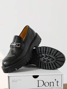 Men's Crocodile Texture Metal Buckle Thick Sole Loafers British Slip-On Formal Shoes Commute Wedding Casual Shoes - Black - View 5