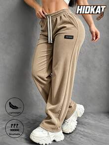 Hidkat Women's Thin Corduroy Straight Leg Pants With Drawstring Waist And Pockets For Home, Daily, Outdoor And Casual Wear - Khaki - View 2