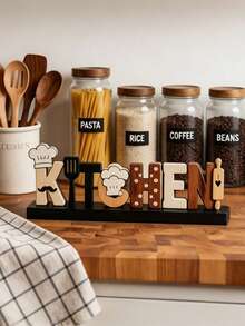 1pc Wooden Letter Table Sign, Chef Hat Beard Spatula Rolling Pin Decor, Freestanding Wooden Block Decoration, Suitable For Kitchen Countertop, Shelf, Tiered Tray, Rustic Kitchen Home Decor, Housewarming Gift, Kitchen Decoration And Accessories, Kitchen Essentials - A - View 3