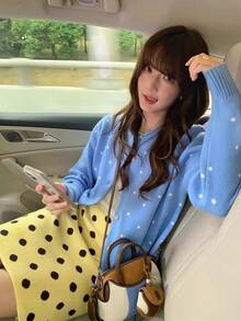 Sweet Lazy Vintage Style Versatile Casual Polka Dot Loose Slimming Knit Cardigan Jacket Top - Blue - View 4