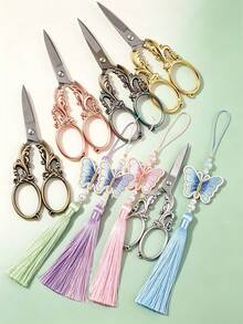 Vintage Carved Craft Scissors With Butterfly Silk Tassel, Sharp Stainless Steel Blade, Decorative Metal Handle, Suitable For Sewing, Cross Stitch And DIY Projects, Elegant Traditional Keepsake For Embroidery And Needlework Enthusiasts - Multicolor - View 11
