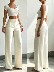 Pantalones rectos de pierna ancha de unicolor para mujer, pantalones casuales de pierna recta, versátiles para diversas ocasiones y para ir al trabajo, color blanco primaveral - Blanco - Ver 2