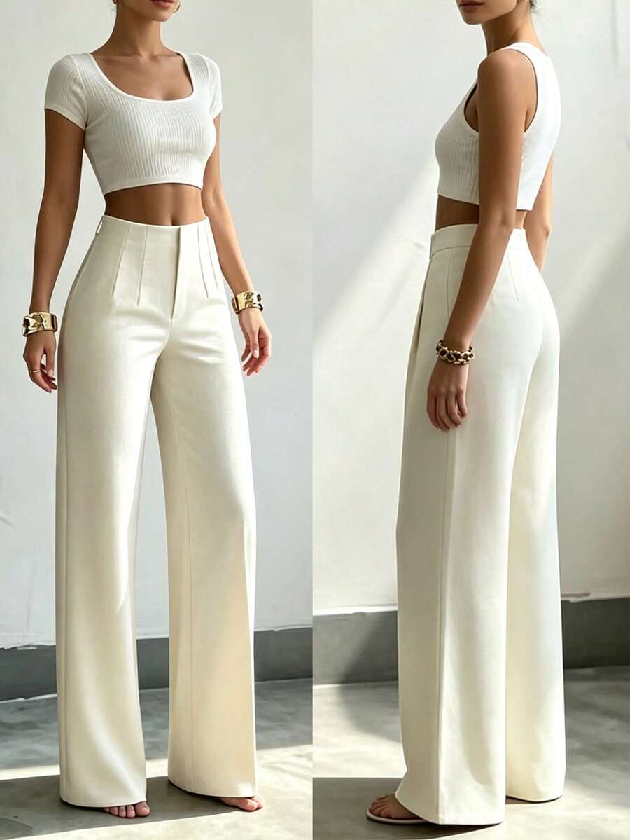 Pantalones rectos de pierna ancha de unicolor para mujer, pantalones casuales de pierna recta, versátiles para diversas ocasiones y para ir al trabajo, color blanco primaveral