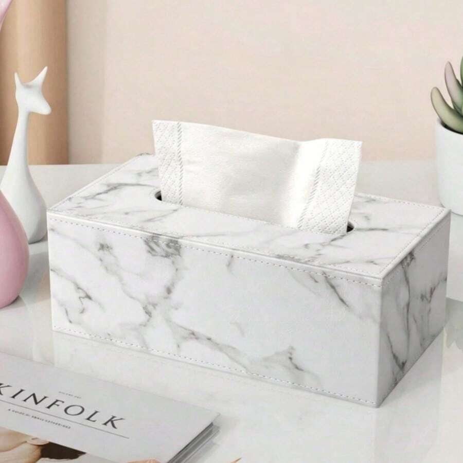 White Marble Pattern PU Leather Tissue Box, White Stitching Napkin Storage Box - White Marble - View 1