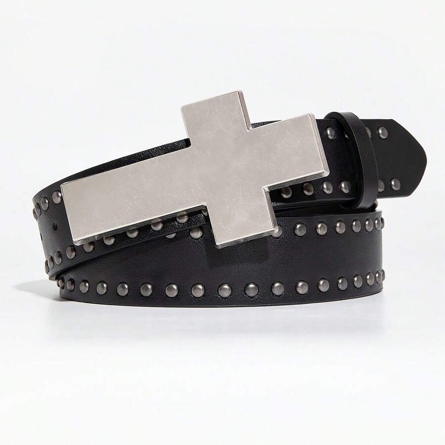 1pc Men's Black Y2K Punk Studded Star Buckle Casual Belt, Versatile Accessory For Jeans, Suitable For Daily Wear - Black - Cross - View 1