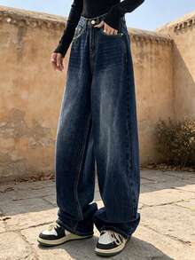 Pantalones de mezclilla tiro alto para mujer, pierna ancha holgada con bolsillos para compras citas y salidas casuales - Azul lavado oscuro - Ver 2