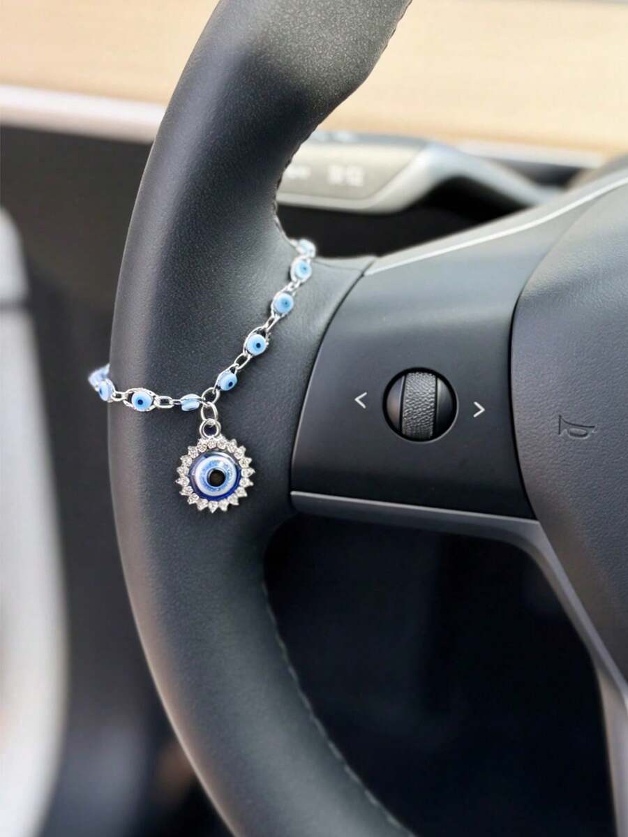 1 Peça Decoração de Volante com Olho Grego Prateado, Acessório de Volante Personalizado, Decoração de Interior de Carro - A - Visão 1